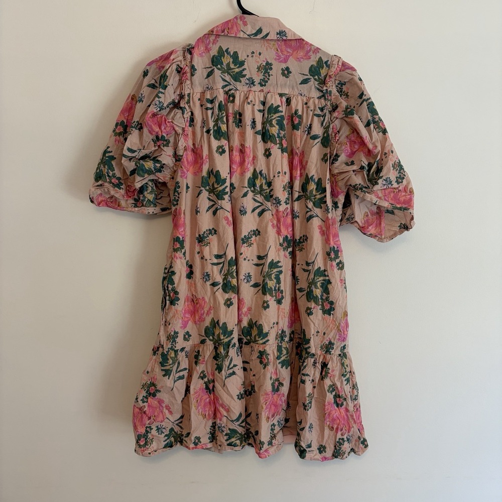 Peach Multi Floral Print Collared Button Down Ruffle Dress 100% Cotton Medium - Picture 3 of 6
